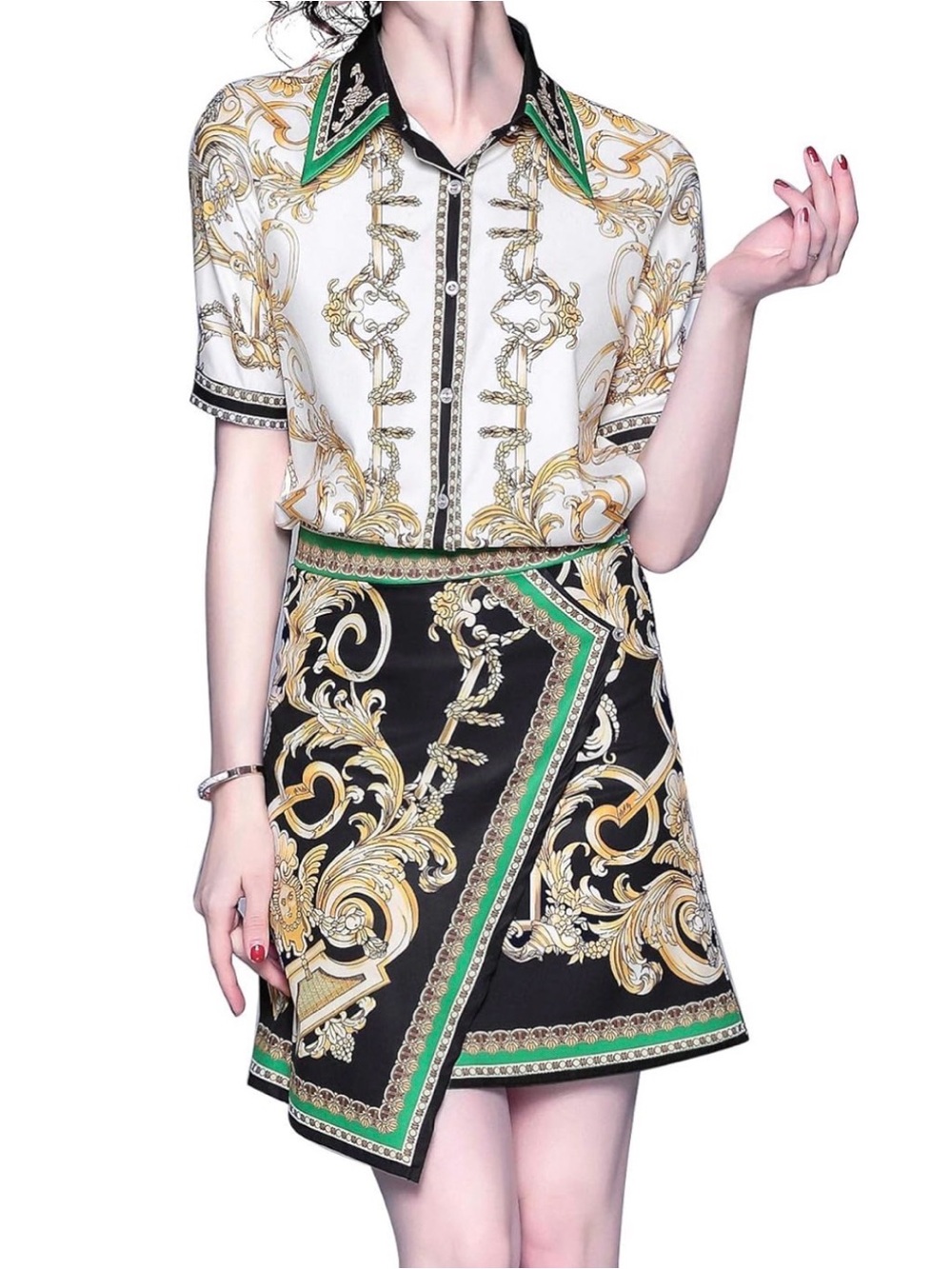 Baroque-Print 2 piece set in White, Black & Gold